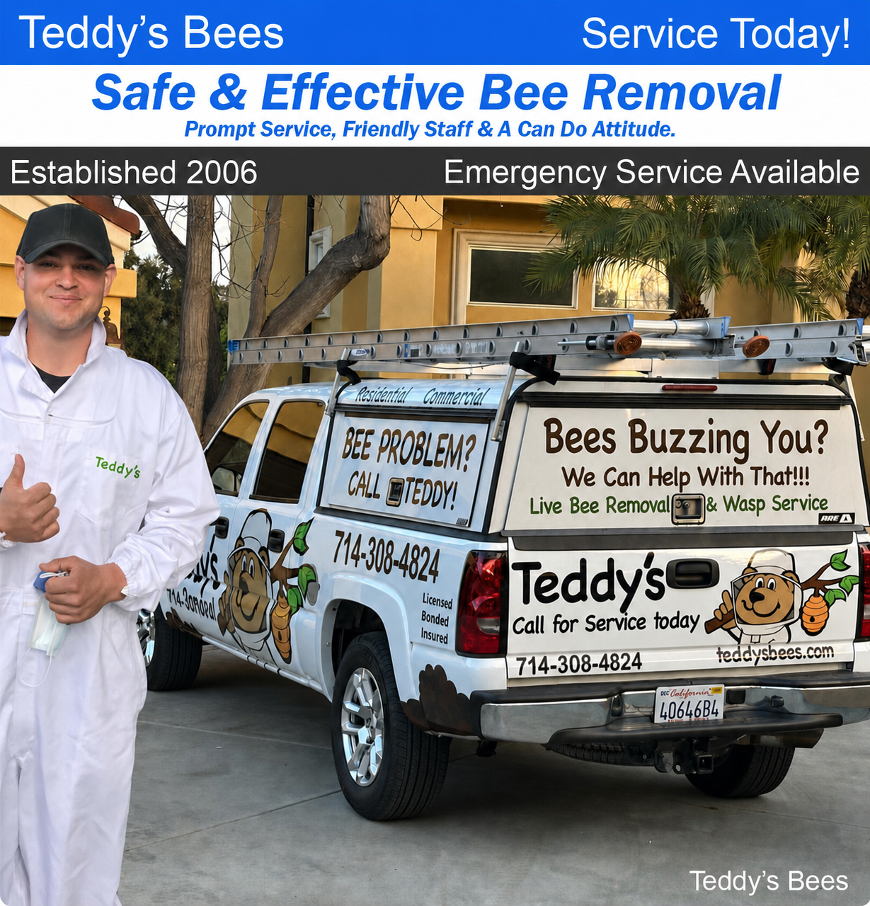 picture of teddys bee removal trucks in front of a customers home.